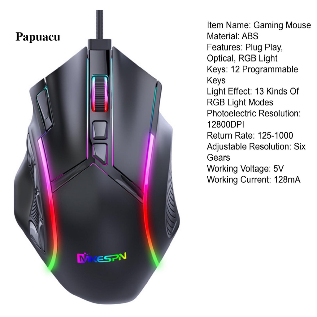 Papuacu Chuột Chơi game 12800dpi 12 Nút 13 Chế Độ Ánh Sáng rgb-Màu six-Li