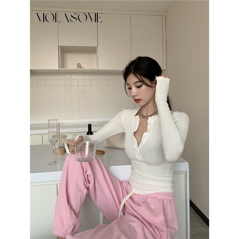 Polaroisome Áo Thun Tay Dài Cổ Chữ v Màu Trơn Ôm Dáng Thời Trang 2023 Cho Nữ