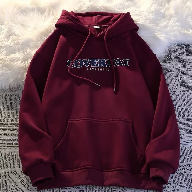Áo Khoác hoodie Tay Dài Bằng Vải Nhung Dày Dặn In Chữ Màu Đỏ Rượu Vang size m-5xl Thời Trang Mùa Thu Cho Nam