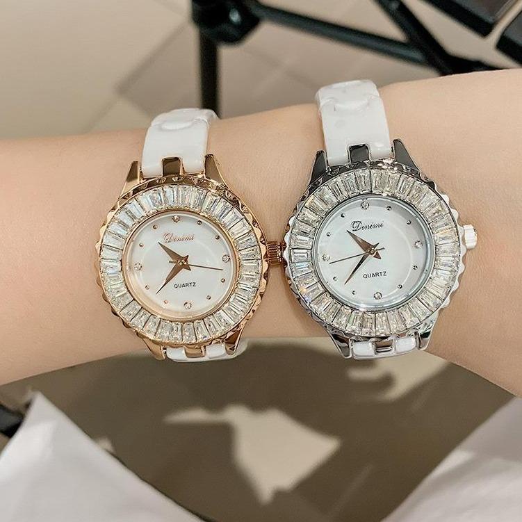Đồng Hồ Nữ Chống Nước Chống Xước Dây Kim Loại Ceramic, Mặt Đính Đá Phong Cách DINIMI 77049 Hàng Chính Hãng- BH 6 Tháng