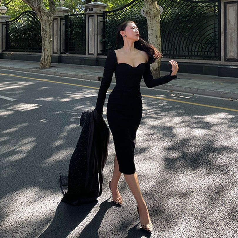 Đầm Dài Cổ Vuông Tay Dài Màu Đen Phong Cách hepburn Pháp Thời Trang Mùa Thu 2023