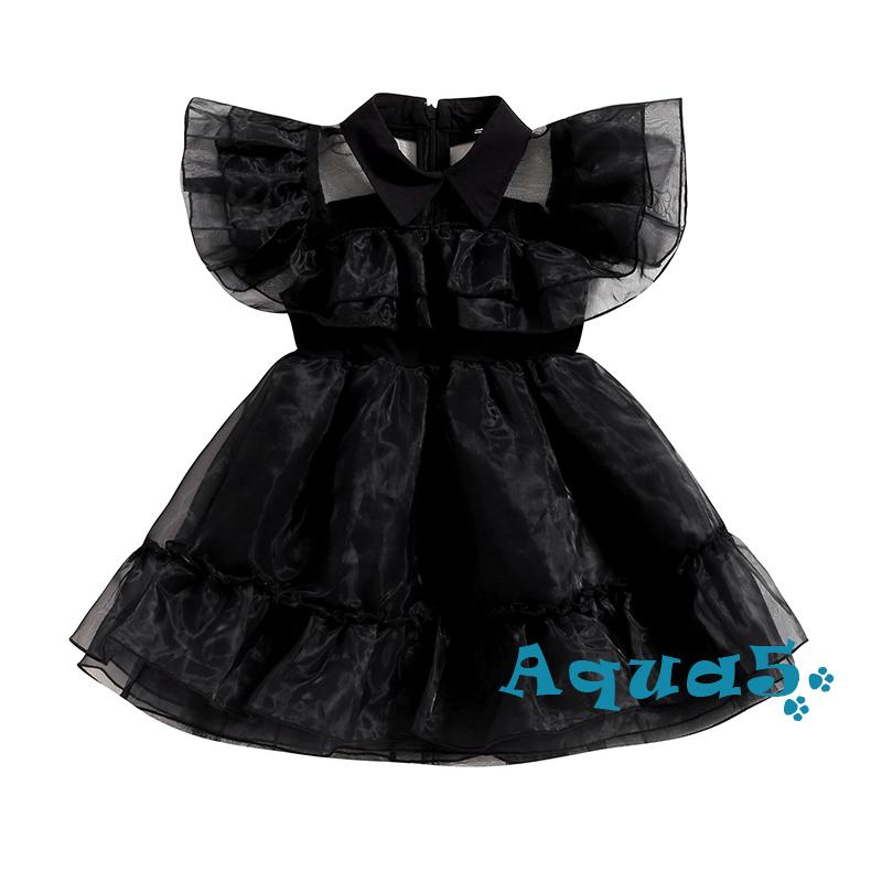 Aqua-đầm Xòe Chữ a Màu Đen Cổ Bẻ Tay Phồng Hóa Trang halloween Cho Bé Gái
