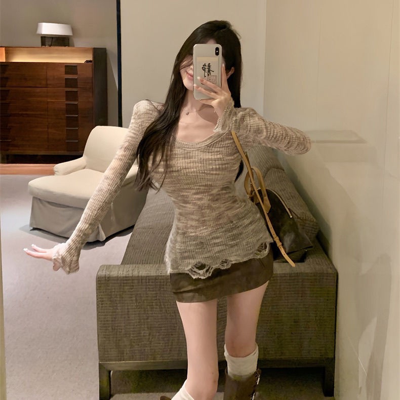 Milyfashion Áo sweater Ôm Dáng Tay Dài Nhuộm Màu Thuần Khiết Thời Trang Thu Đông Cho Nữ