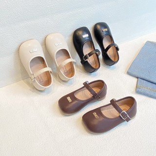 Giày búp bê da PU mũi vuông dòng cơ bản cho bé gái - Giày đế bệt có quai ngang đính chữ min vàng đế mềm êm chân BB789