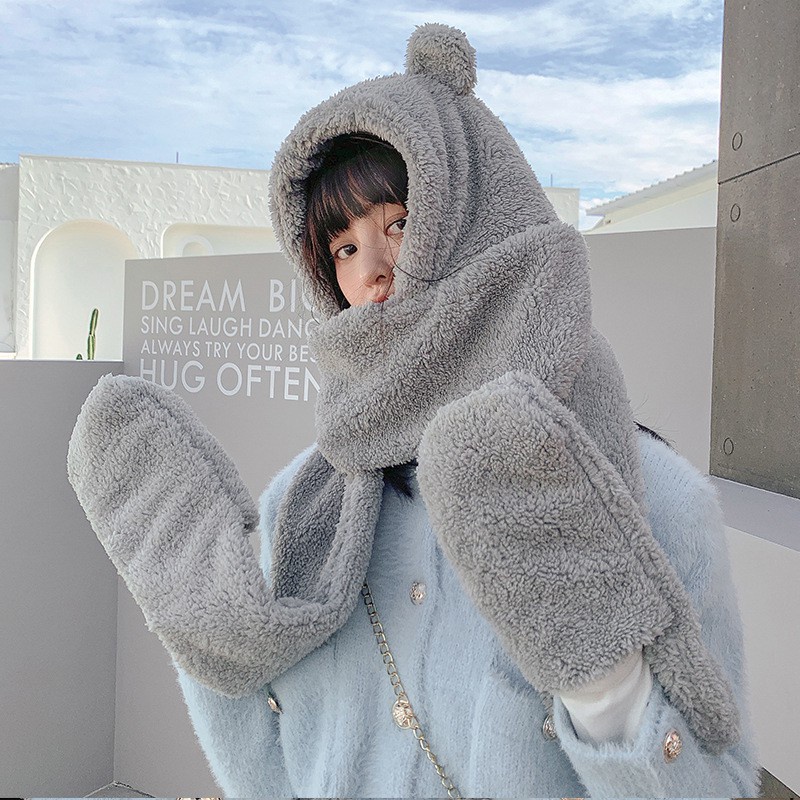 PVN22735 Mũ Lông liền Khăn Tai Gấu Có Chỗ Xỏ Tay T888