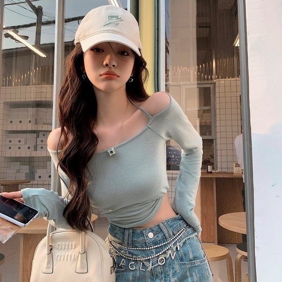 Áo Thun Tay Dài Trễ Vai Dáng Ôm Gợi Cảm Cho Nữ