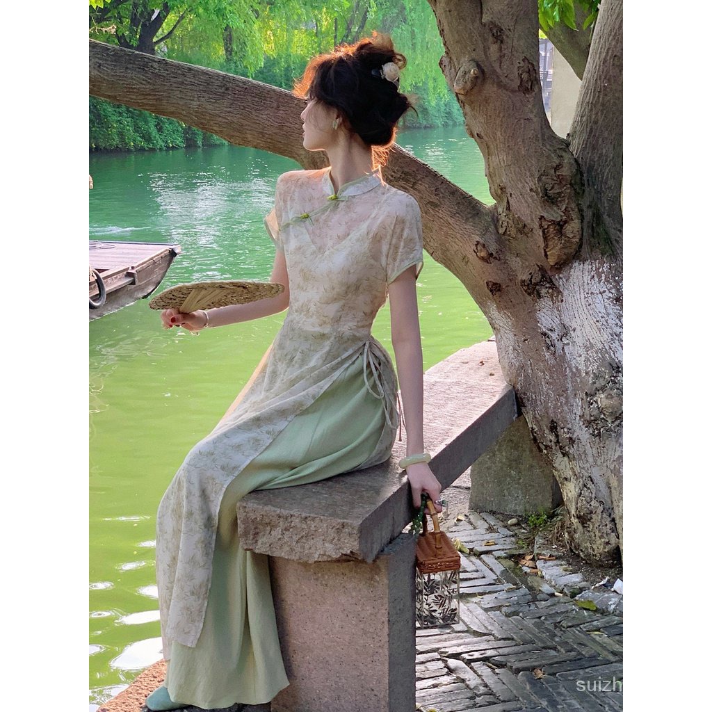 Sườn Xám Cách Tân Tay Ngắn Chiết Eo Phong Cách Trung Hoa Cổ Điển Thời Trang Cho Nữ p04