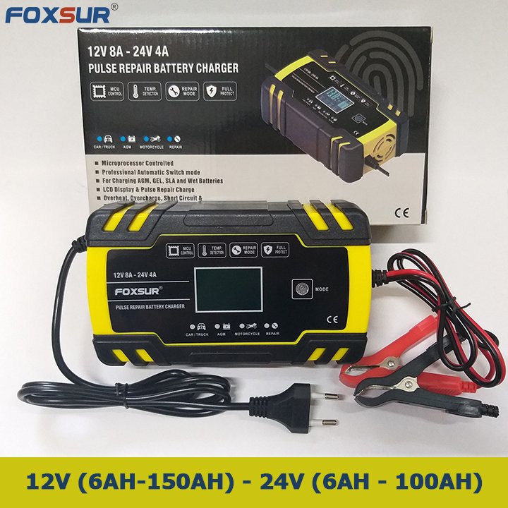 Sạc acquy 𝐅𝐎𝐗𝐒𝐔𝐑 12V-24V/ 8A - 150ah  thông minh tự ngắt - SFX 123