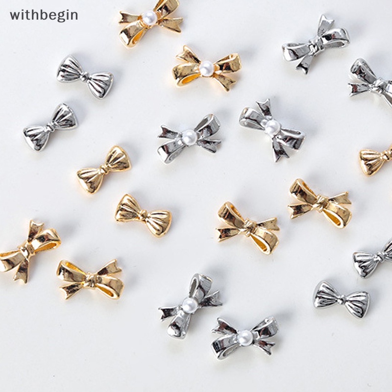 Bộ 10 Phụ Kiện Trang Trí Móng Tay Hình Nơ 3d mini Bằng Kim Loại Đính Đá Và Ngọc Trai Xinh Xắn