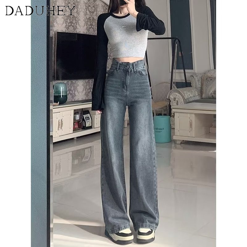 Quần jean dài DADUHEY ống rộng lưng cao phong cách Mỹ cổ điển cao cấp dành cho nữ