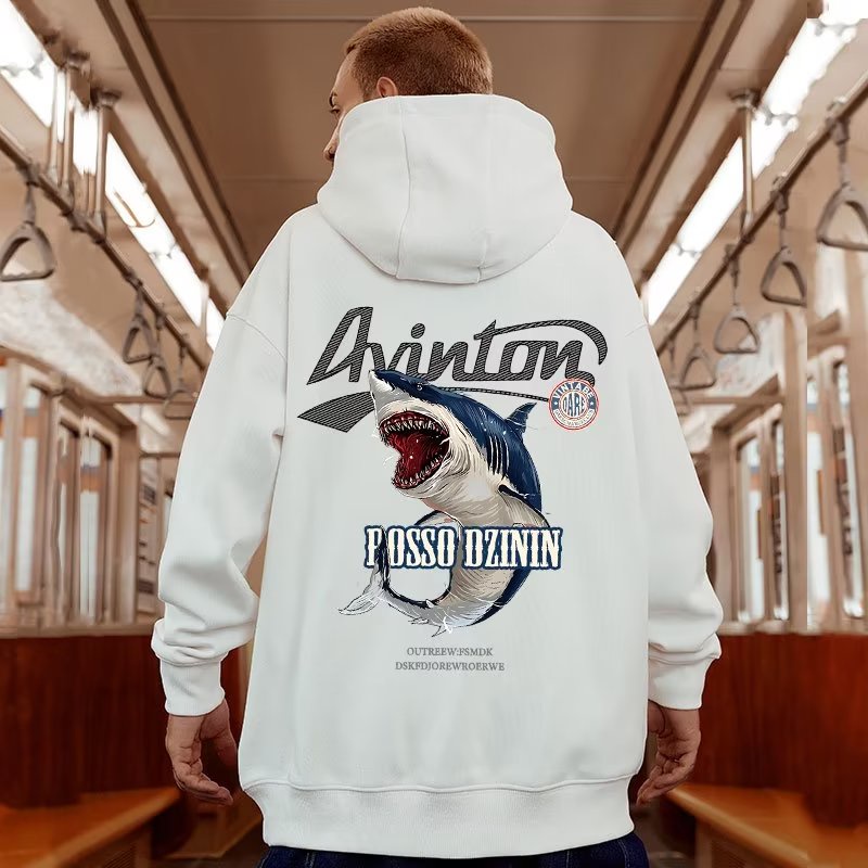 M-8XLáo khoác nam hoodie Cotton Nhung Dày Dặn Tay Dài In Hoạt Hình Cá Mập Kiểu retro Mỹ Thời Trang Mùa Thu Cho Nam Unisex