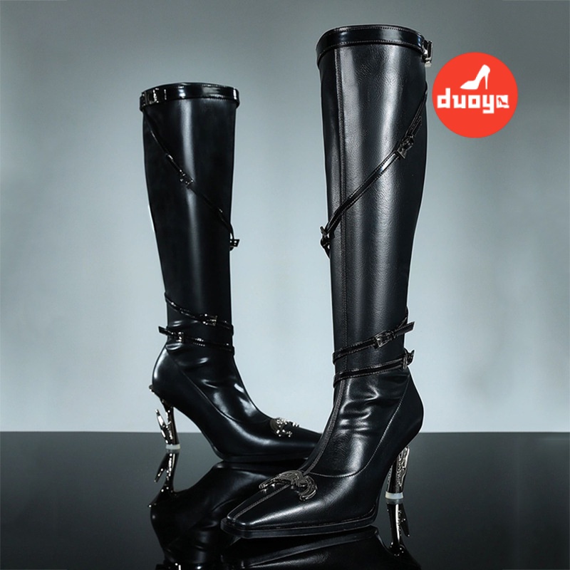 Duooya hair Thẳng ~  Bốt Cao Gót Mũi Nhọn Kim Loại Cao Gót Màu Tối Phong Cách Châu Âu Cho Nữ Miễn Phí Vận Chuyển