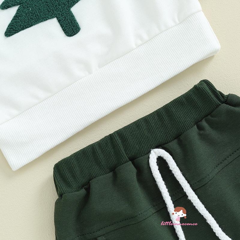 Set Đồ Giáng Sinh 2 Món Gồm Áo Tay Dài Thêu Hình Cây Thông + Quần Dài Màu Sắc Trơn Cho Bé Trai