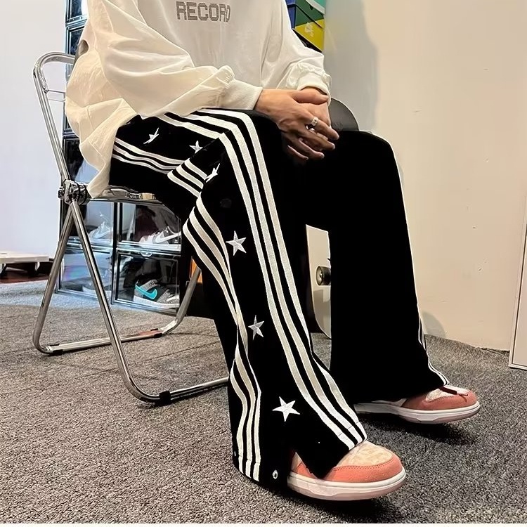 Quần Thể Thao Ống Rộng Kẻ Sọc Thêu Hình Ngôi Sao Phong Cách Đường Phố Mỹ Cho Nam Đen
