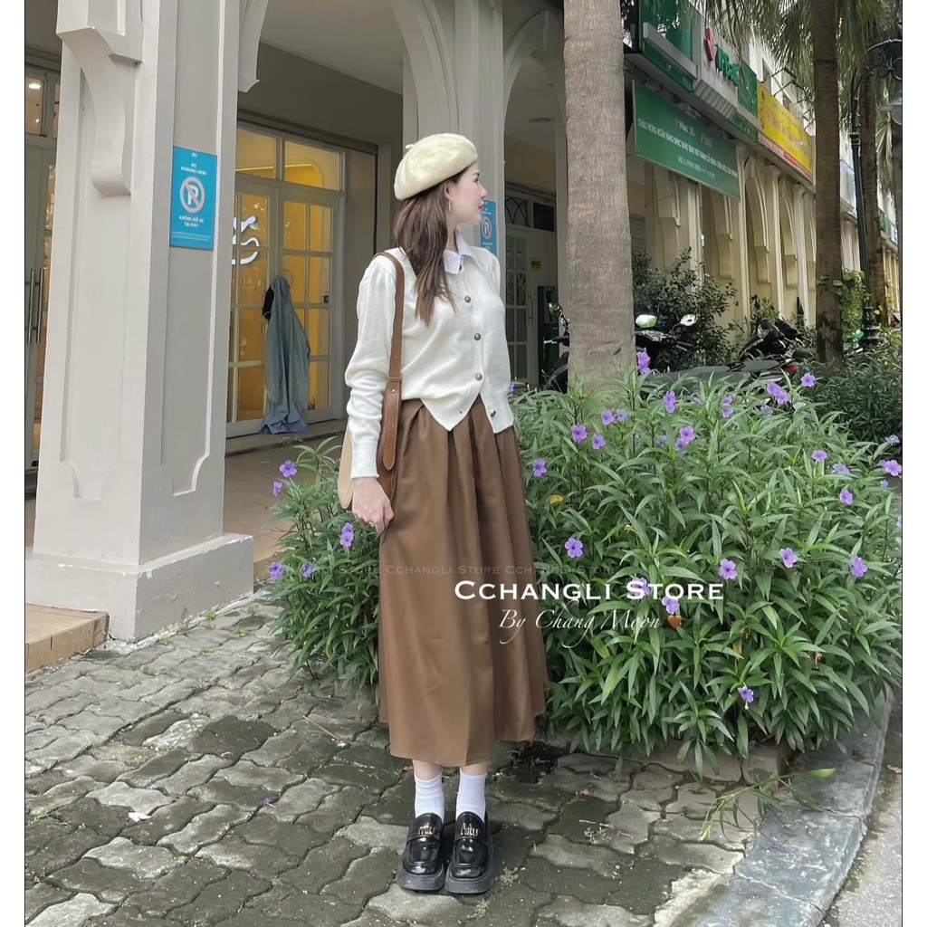 Set áo nude kem cổ sơmi nút đồng+chân váy midi nâu