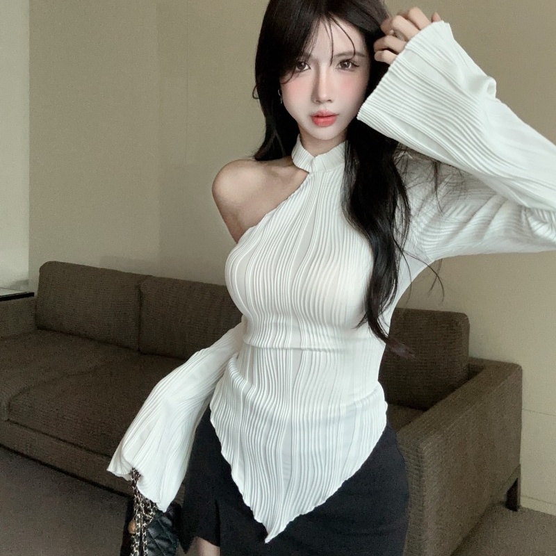 Áo Thun Tay Dài Hở Vai Mùa Thu Đông Phong Cách Mới Đa Năng Hình Cô Gái Nóng Bỏng Màu Trắng Không Đối Xứng Phong Cách Mới