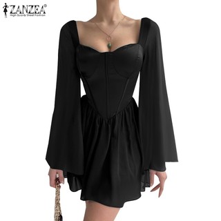 ZANZEA Đầm Cổ Vuông Tay Loe Thời Trang Châu Âu Cho Nữ