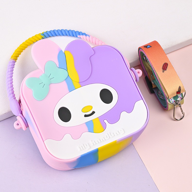 Túi xách silicon hình thỏ tai dài melody 2 trong 1 cầm tay đeo chéo thời trang đựng bao bì lì xì, mỹ phẩm