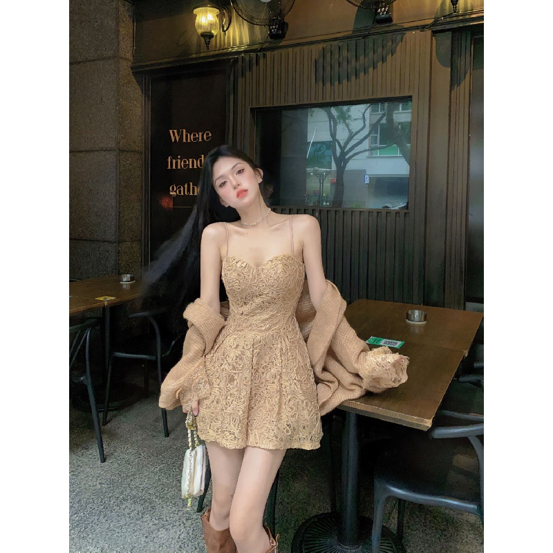 New sling lace dress soft waxy slimming sweater cardigan suit for girls dress long sleeve retro sweater two-piece suit