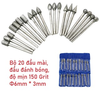 Bộ 20 đầu mài kim cương - đầu mài, đầu đánh bóng độ mịn 150 grit cán 3mm