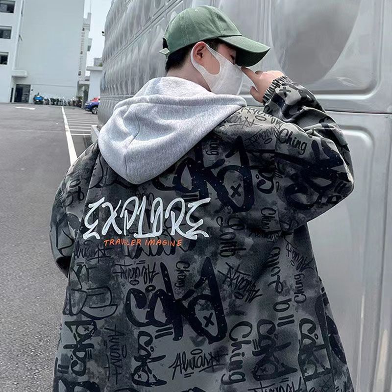 Áo Khoác Hoodie Dáng Rộng In Chữ Kiểu Hồng Kông Thời Trang Mùa Thu Cho Nam