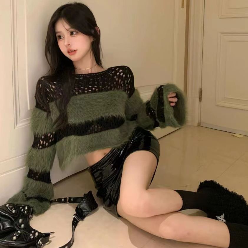 Milyfashion Áo sweater Ngắn Mềm Mại Họa Tiết Kẻ Sọc Rỗng Phối Tua Rua Thời Trang Mùa Thu Phong Cách Mới Cho Nữ