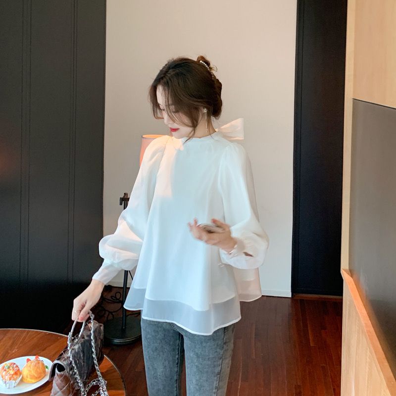 Áo Sơ Mi Voan Tay Phồng Phối Nơ Xinh Xắn Dành Cho Nữ