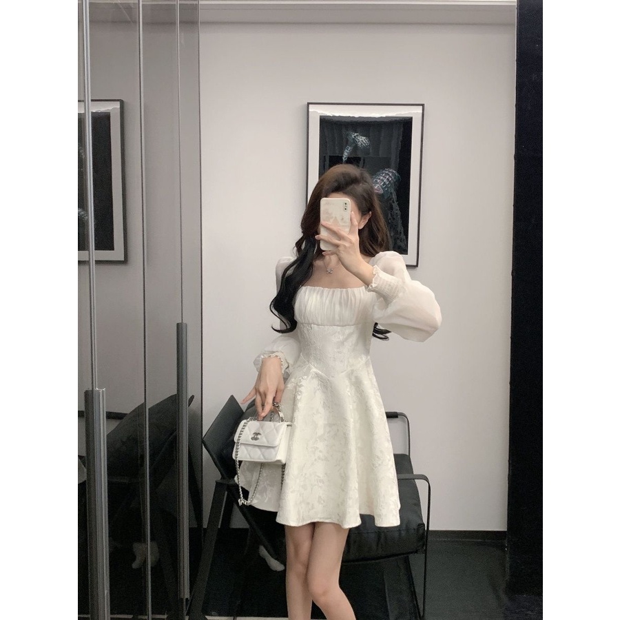 Đầm Cổ Vuông Tay Dài Phong Cách Pháp Thời Trang Xuân Thu 2023 Mới Cho Nữ