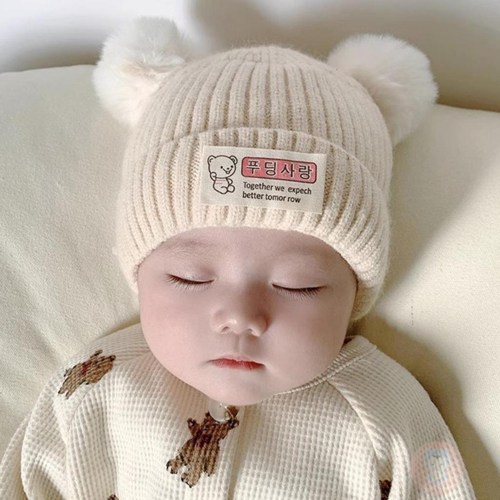 Laa6- Mũ Dệt Kim Ấm Áp Mùa Đông Họa Tiết Gấu Và Chữ Cái Cho Bé
