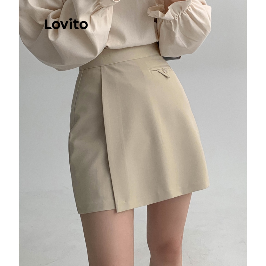 Lovito Váy bất đối xứng hai lớp trơn đơn giản cho nữ L68ED328