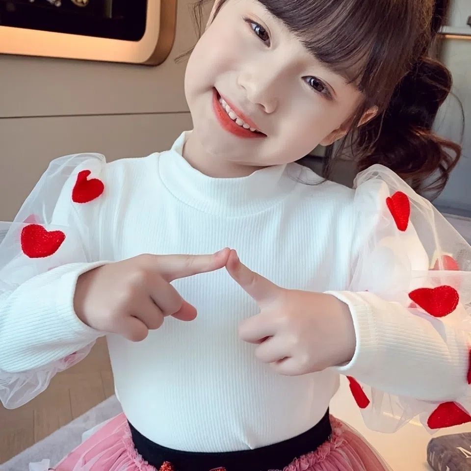 Áo Kiểu Tay Phồng Thêu Họa Tiết Trái Tim Thời Trang Xuân Thu Xinh Xắn Cho Bé Gái