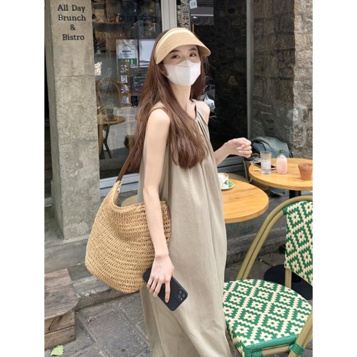 Váy Đầm Xuông Xếp Ly Dáng Dài Không Tay Form Rộng Cao Cấp - Đầm Dài Màu Be Dáng Rộng V25