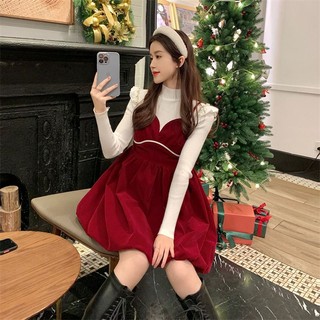 Đầm Nhung Giáng Sinh Thu Đông 2023 Dáng Ôm Eo Cao Phong Cách Đường Phố Mới Cho Nữ