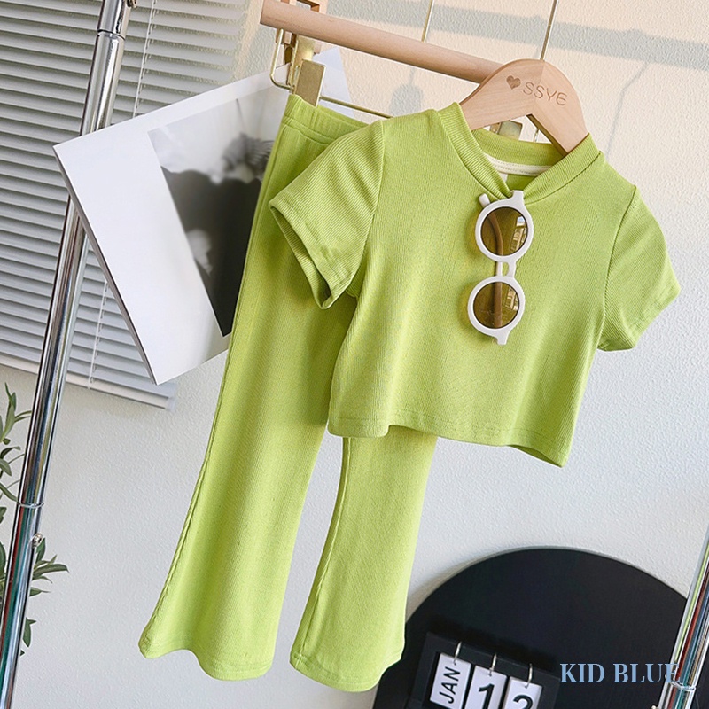 Bộ Áo Thun Mềm Ngắn Tay + Quần Dài Màu Sáng Phong Cách Hàn Quốc Thời Trang Mùa Hè Cho Bé Gái