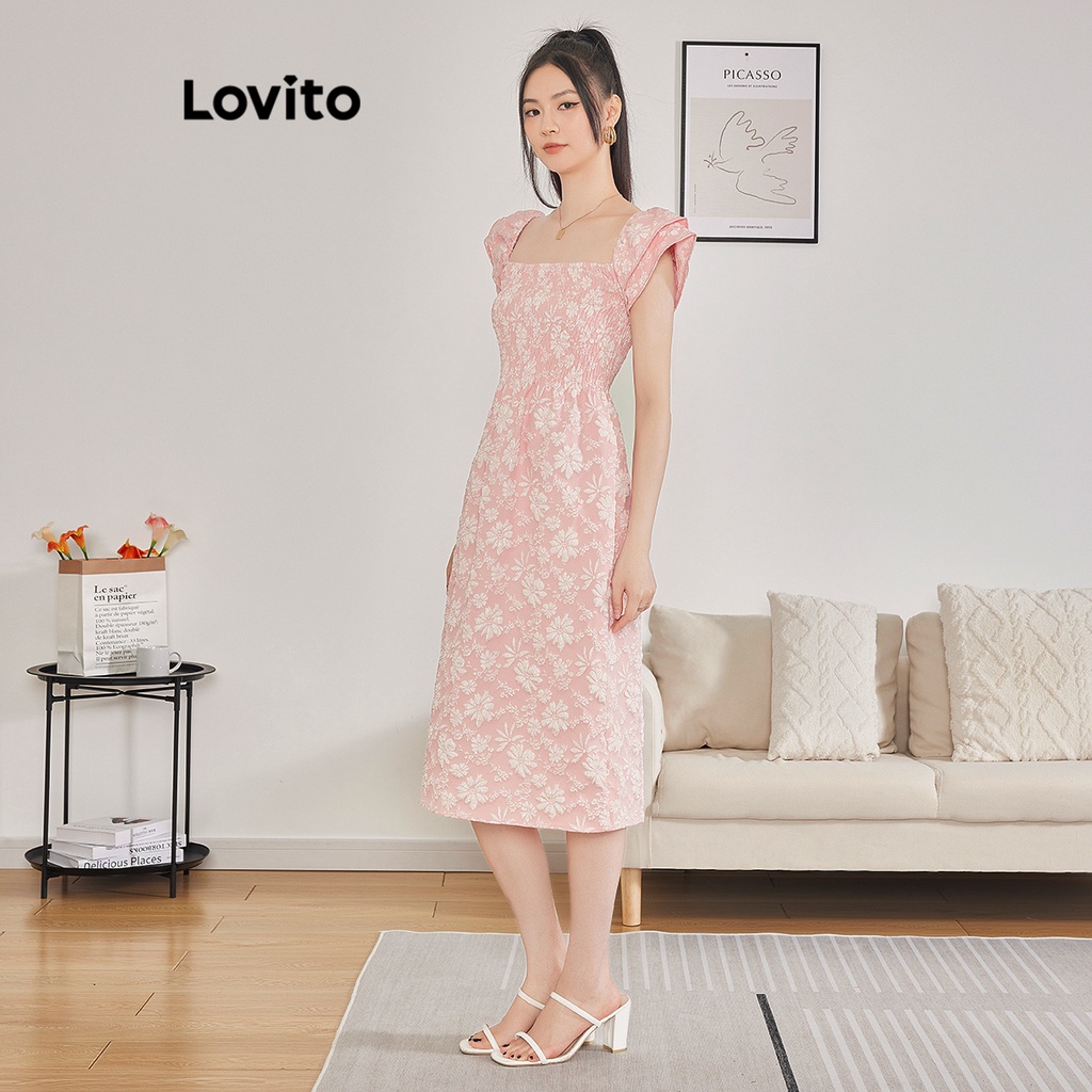 Đầm Lovito xếp nếp dún thun họa tiết hoa thanh lịch cho nữ L62ED173