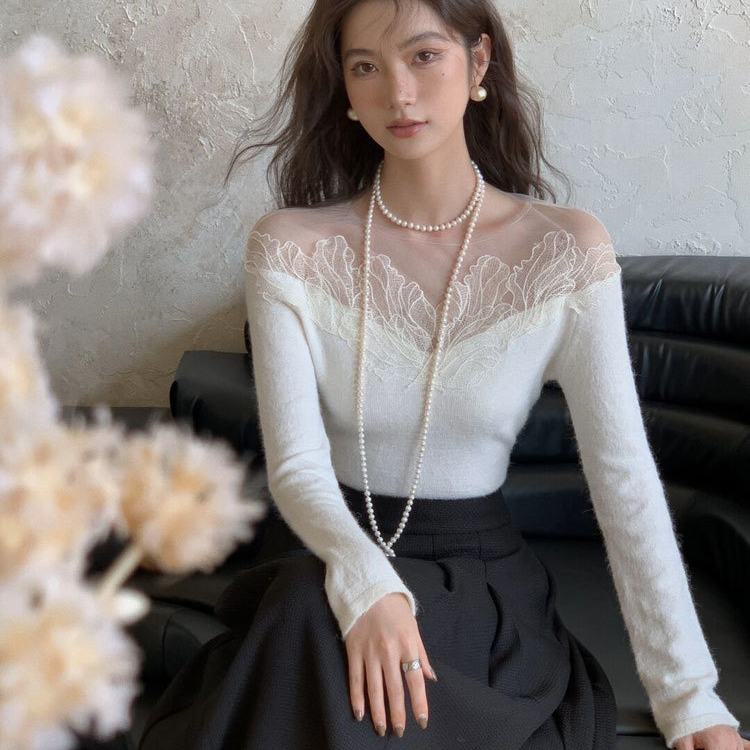 Áo Kiểu Tay Dài Trễ Vai Phối Ren Lưới Phong Cách Pháp