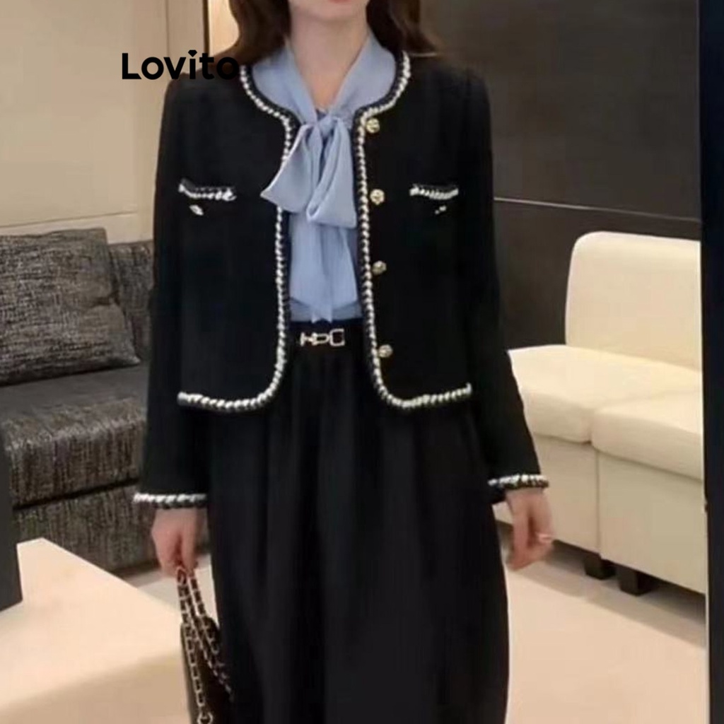 Lovito Áo blazer có dây buộc tương phản có túi trơn thông thường dành cho nữ LNA29012 (Đen)