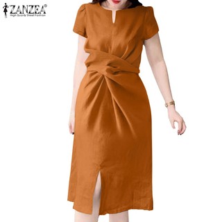 Zanzea Đầm Nữ Tay Ngắn Cổ Tròn Phong Cách Thời Trang Hàn Quốc
