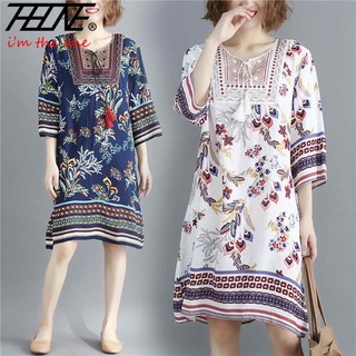 Thone Đầm midi cotton Lanh Tay Lửng Dáng Rộng Thêu Hoa Phối Tua Rua Kiểu Ấn Độ Hàn Quốc Cho Nữ