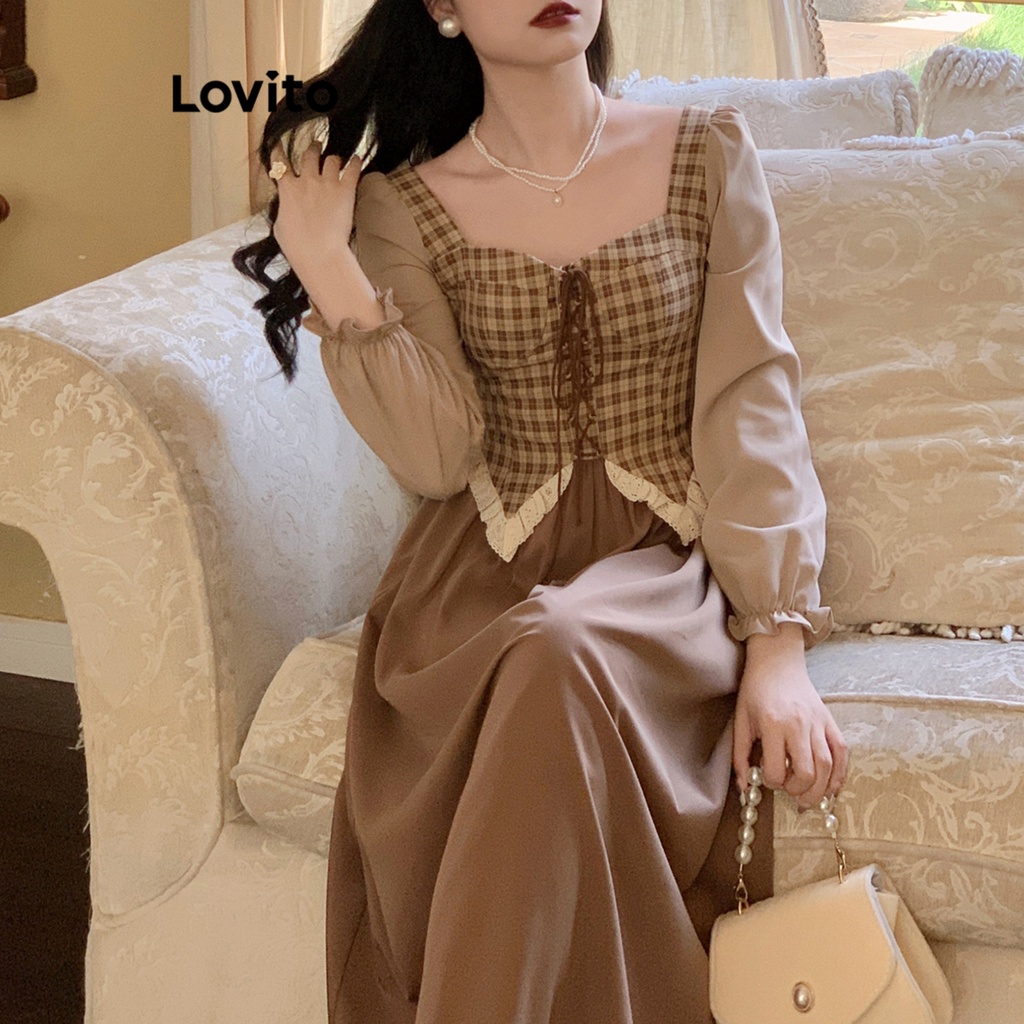 Đầm Lovito đan dây trước kẻ sọc vuông thường ngày cho nữ LNA21204 (màu đen)