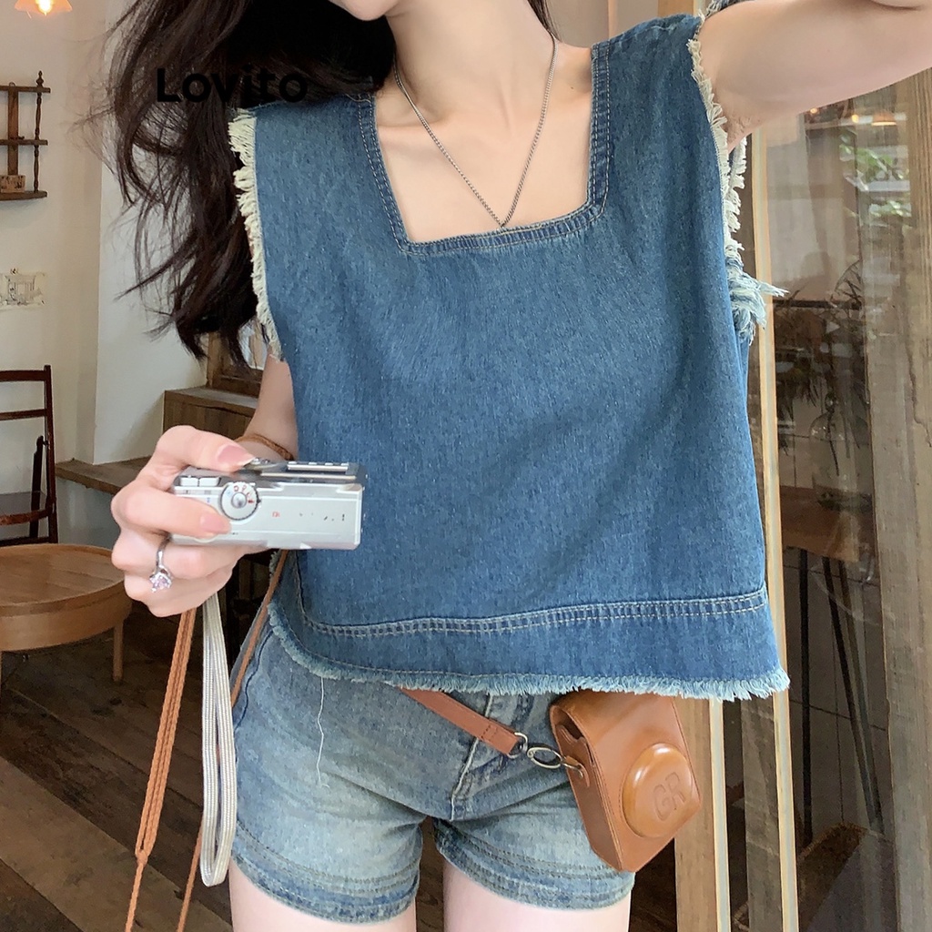 Áo denim Lovito viền thô màu trơn thường ngày cho nữ LNA21100 (màu xanh dương)