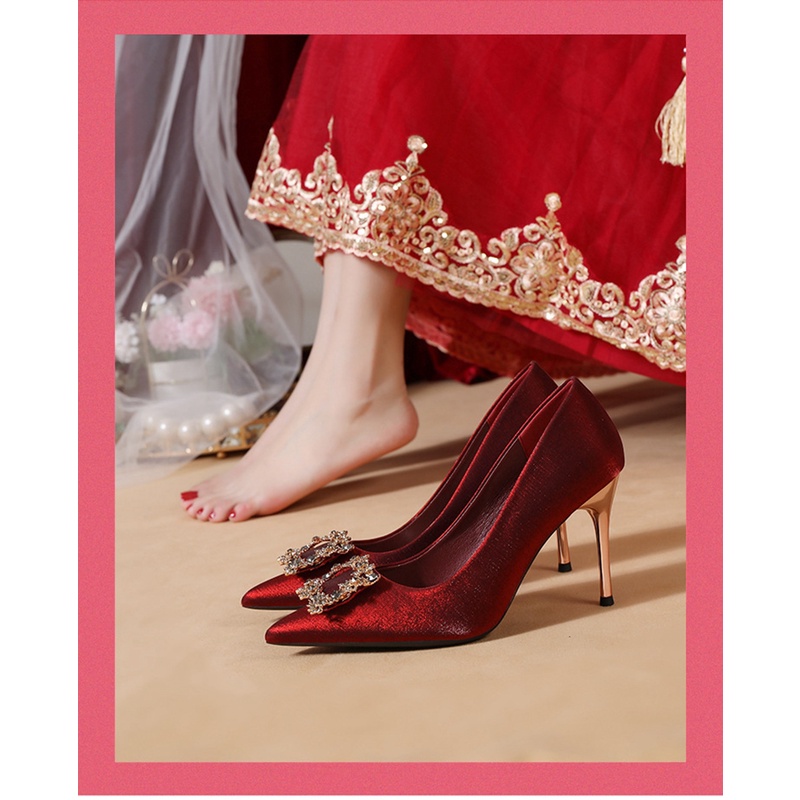 Giày Cao Gót 6cm 9cm Mũi Nhọn Đính Đá Màu Đỏ Quyến Rũ Thời Trang Phong Cách Hàn Quốc Cho Nữ