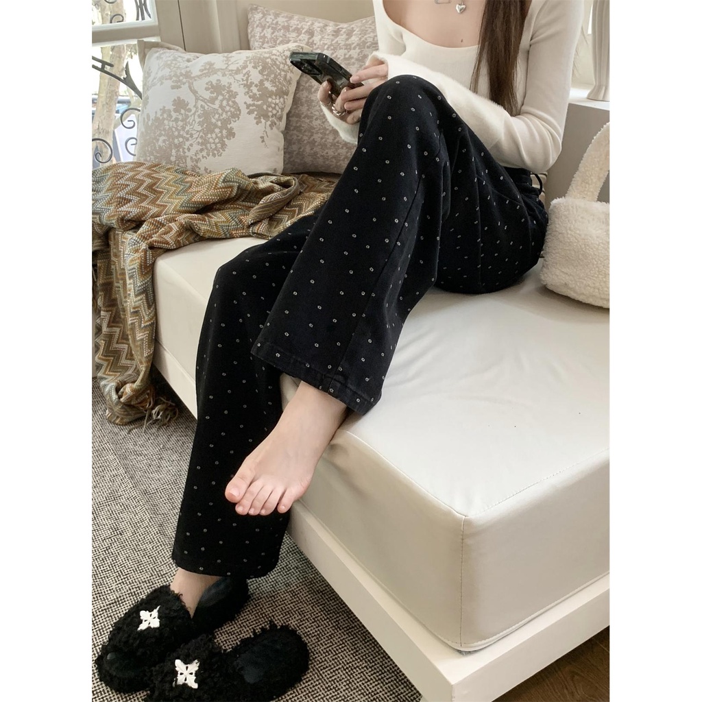 Quần Jean Nữ Ống Rộng Lưng Cao Màu Đen Thời Trang Mùa Đông 2023