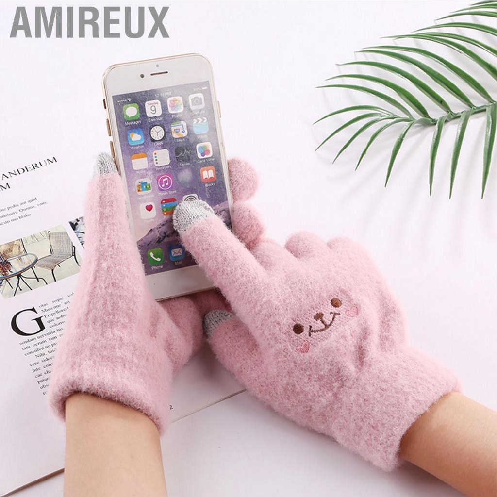 Amireux Winter Touch Screen Glove Smile Face Design Elastic Thermal Warm Knit for Women Girls