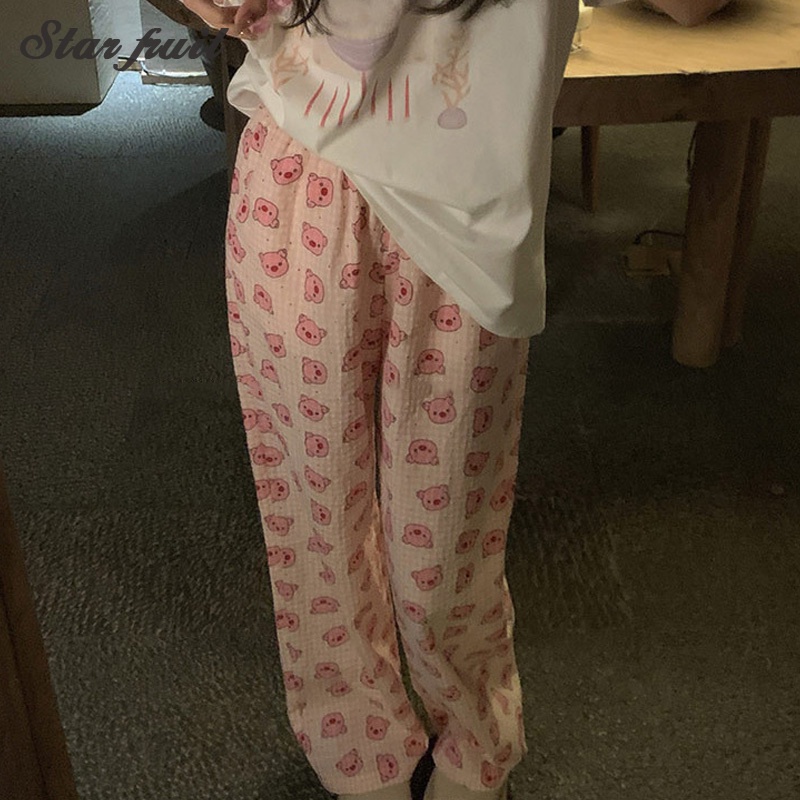 Quần Tất In Hình Chú Heo Hoạt Hình Và Trái Cây Mùa Hè kaswal na pantalon