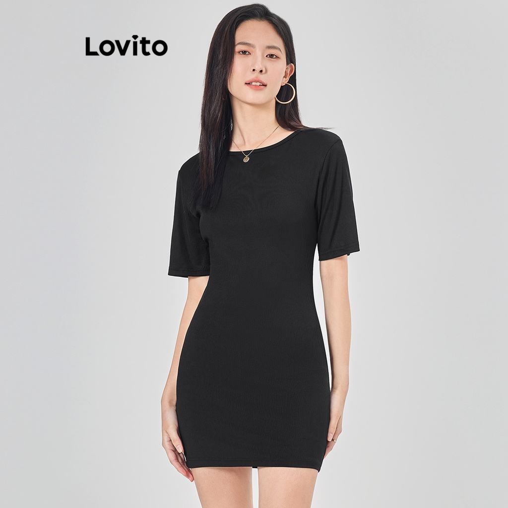 Lovito Đầm có nút cắt trơn thanh lịch dành cho nữ L68ED335 (Đen)
