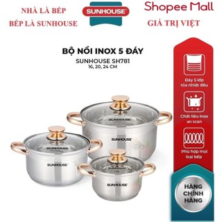 Bộ nồi inox 5 đáy sunhouse đáy từ sh781 16, 20, 24 cm