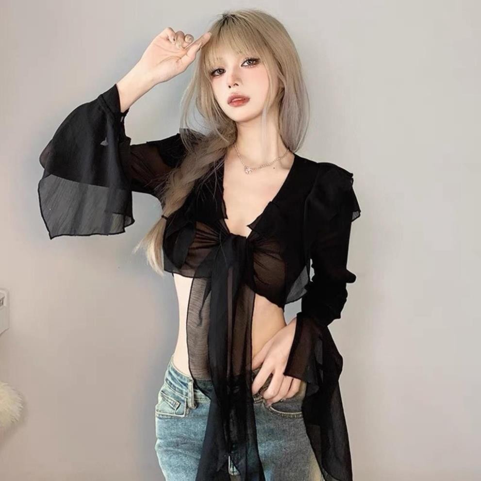 Áo croptop kiểu tay dài PINKSTORE29 cổ viền bèo có dây buộc A5549