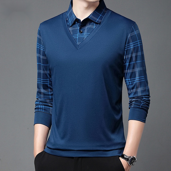 ☞Áo Thun polo Giả Hai Lớp Tay Dài Dáng Rộng In Họa Tiết Caro Trái Tim Phong Cách Hàn Quốc Thời Trang Cho Nam Trung Niên