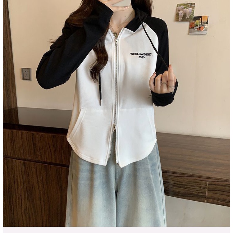 Ielgy Áo Khoác Tay Dài Dáng Rộng Có Khóa Kéo Đôi Màu Sắc Tương Phản Phong Cách Phương Tây Dành Cho Nữ